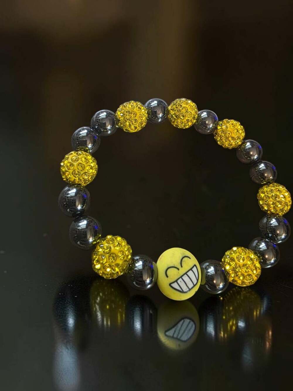 Yellow Bling and Black Hematite Smiley Emoji Bracelet